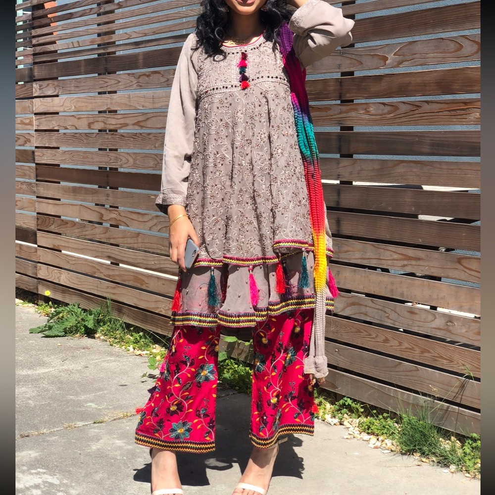 Pakistani Embroidered Taupe Dress with Colorful Tassels. OPEN TO ALL OFFERS